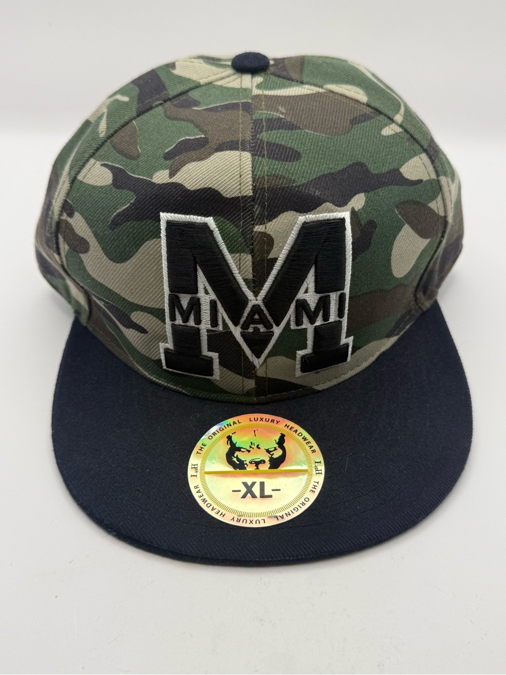 L&H Luxury Headwear Miami Camo Snapback Hat XL Black Flat Brim